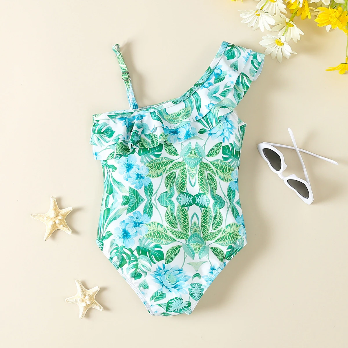 Maillot de bain  Fille une pièce à volants motif tropical